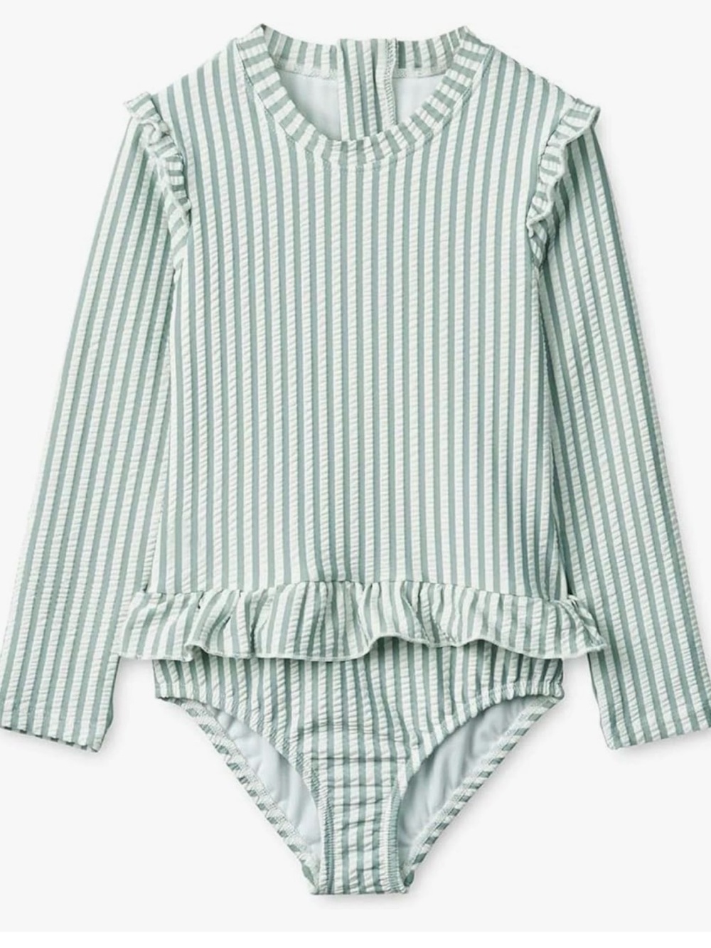 Girls' Long-Sleeve Ruffle One-Piece Swimsuit in Sage Stripe